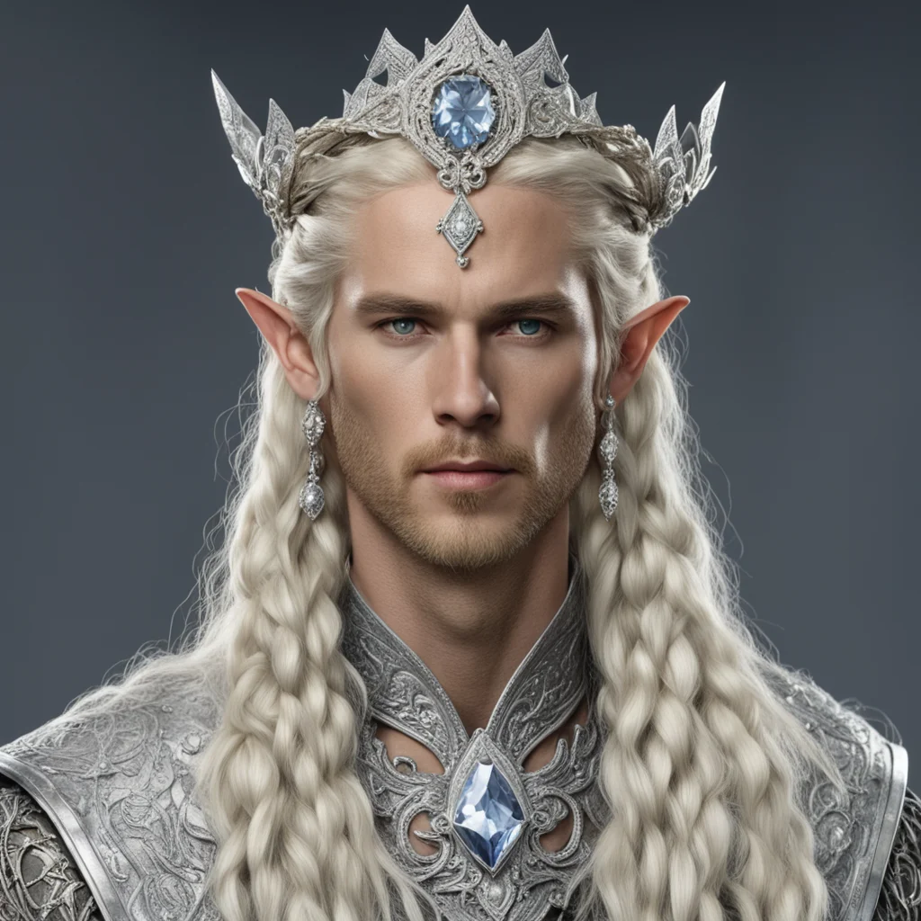 aiking oropher with blond hair and braids wearing silver serpentine elvish circlet encrusted with diamonds with large center diamond  good looking trending fantastic 1
