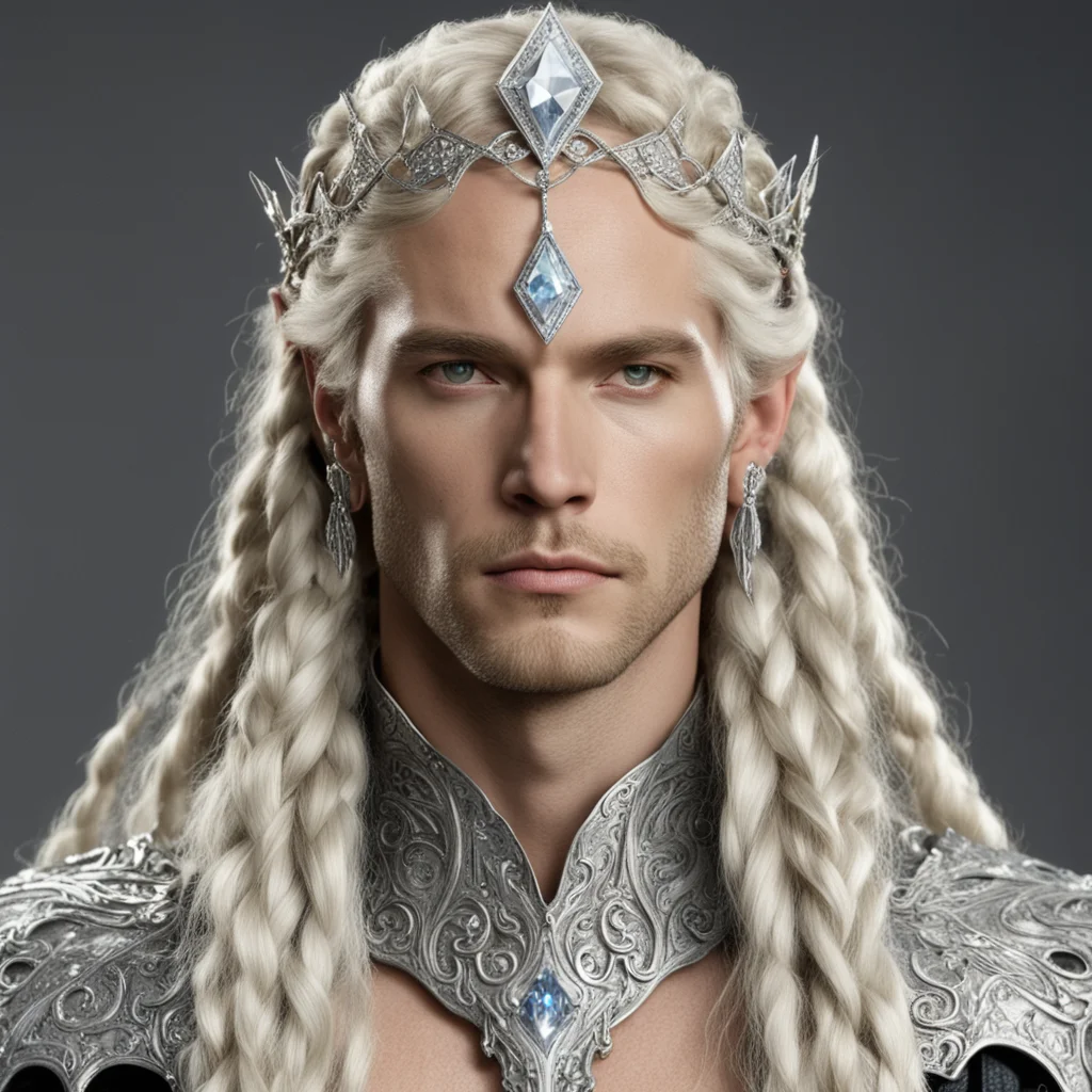 king oropher with blond hair and braids wearing silver serpentine elvish circlet encrusted with diamonds with large center diamond 