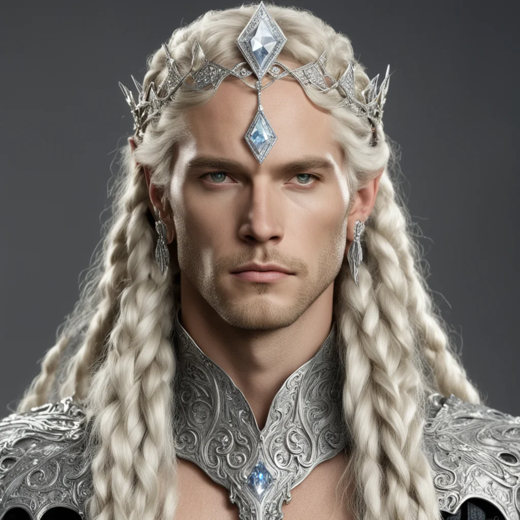 aiking oropher with blond hair and braids wearing silver serpentine elvish circlet encrusted with diamonds with large center diamond 