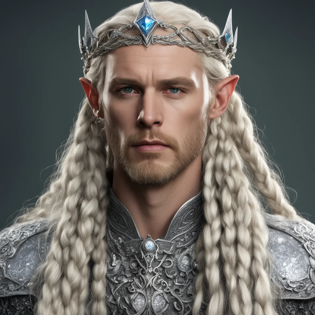 aiking oropher with blond hair and braids wearing silver serpentine elvish circlet encrusted with diamonds