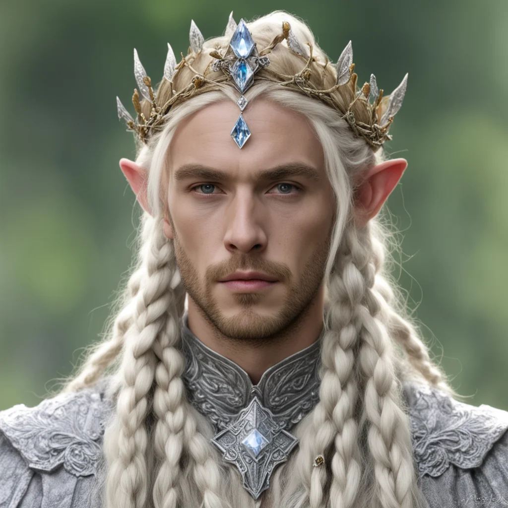 aiking oropher with blond hair and braids wearing silver twig and diamond berry elvish circlet with large center diamond  good looking trending fantastic 1