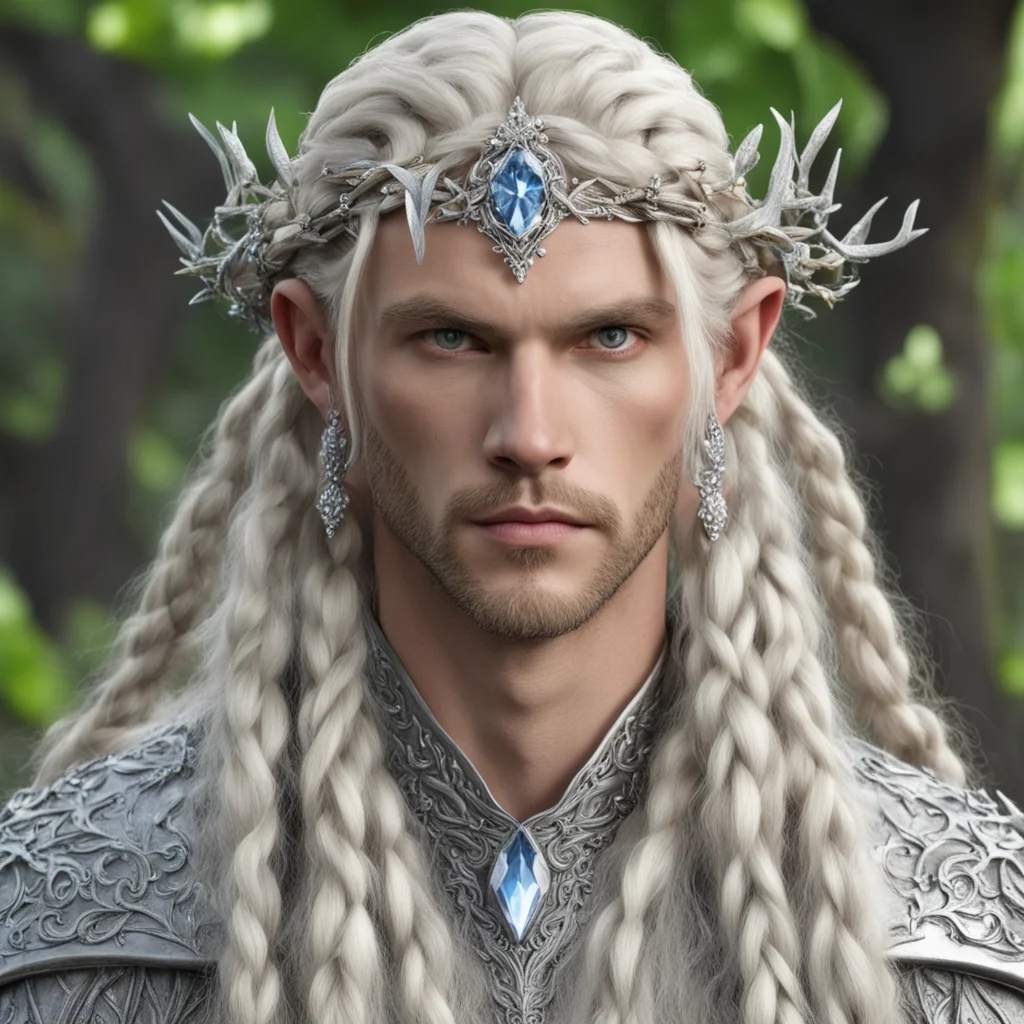 aiking oropher with blond hair and braids wearing silver twig and diamond berry elvish circlet with large center diamond 