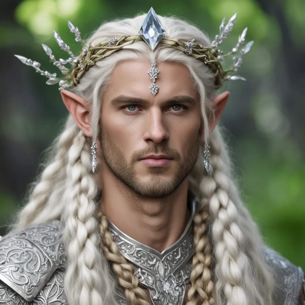 aiking oropher with blond hair and braids wearing silver twig and diamond berry elvish circlet with large center diamond amazing awesome portrait 2
