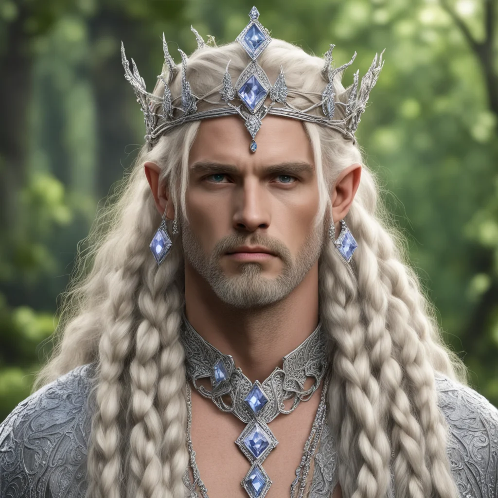 aiking oropher with blond hair and braids wearing silver twig and diamond berry elvish circlet with large center diamond