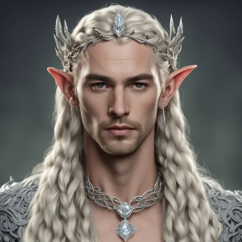 aiking oropher with blond hair and braids wearing silver twig and diamond berry elvish circlet with large center dianond amazing awesome portrait 2