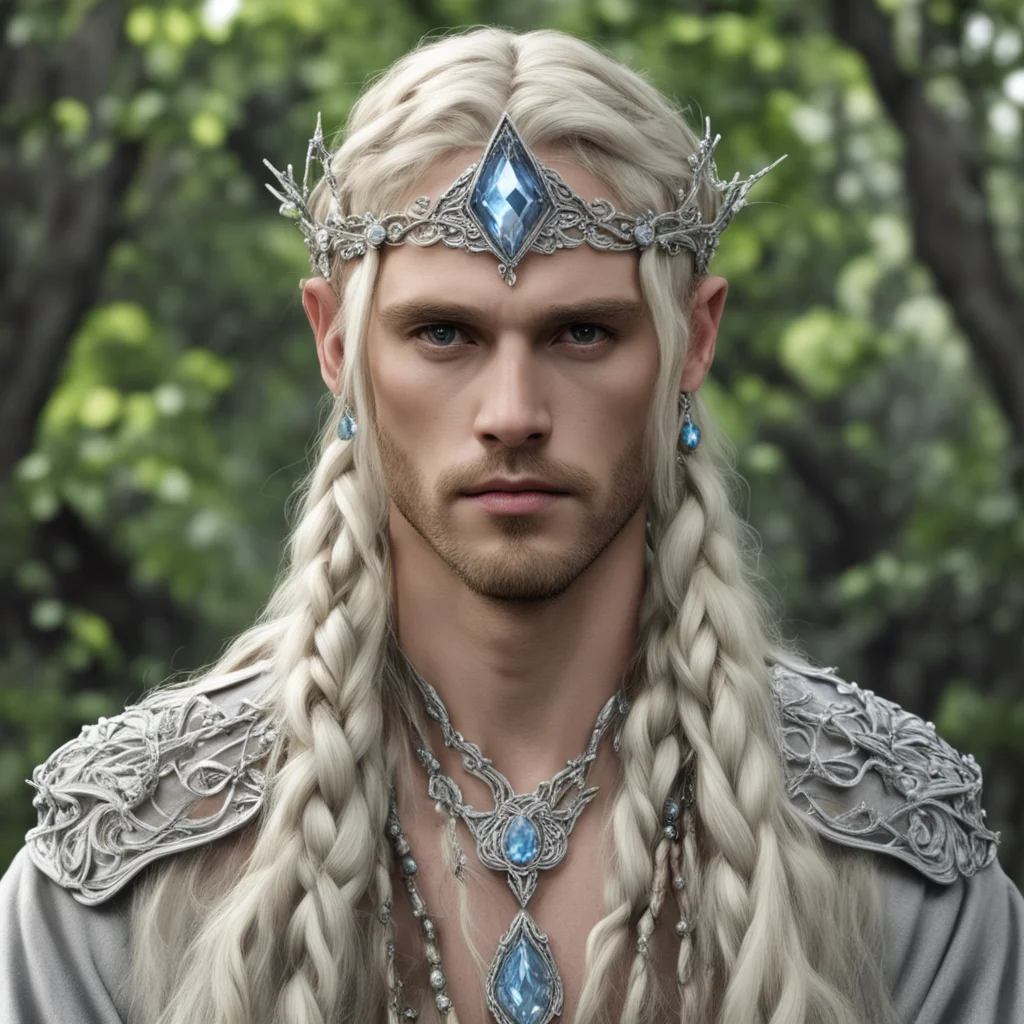 aiking oropher with blond hair and braids wearing silver twig and diamond berry elvish circlet with large center dianond
