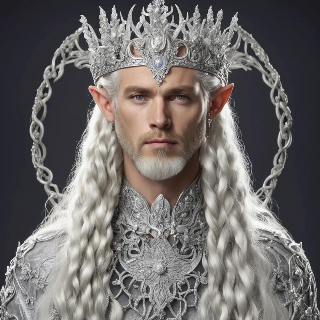 aiking oropher with blond hair and braids wearing silver vines encrusted with diamonds with silver flowers encrusted with diamonds forming a silver elvish circlet with large center diamond 