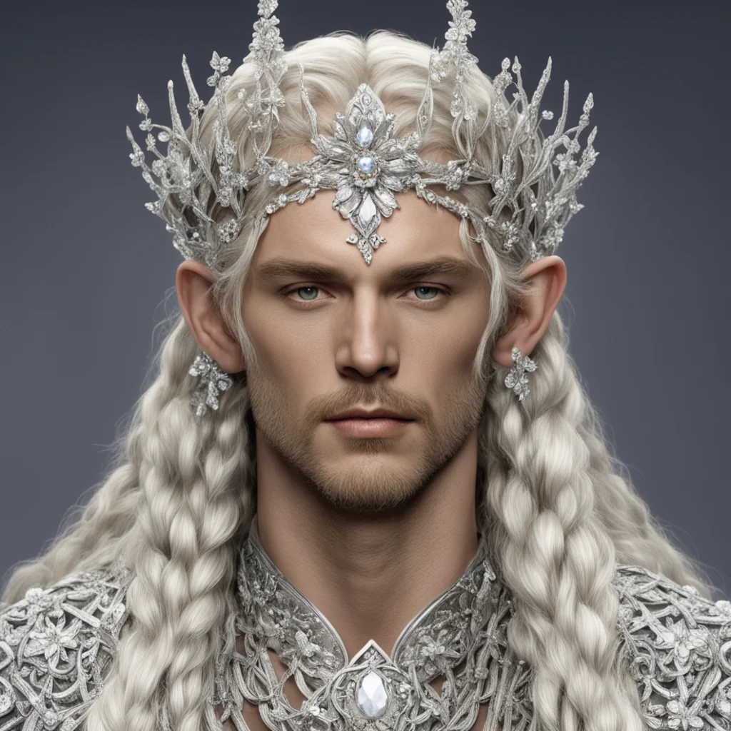 king oropher with blond hair and braids wearing silver vines encrusted with diamonds with silver flowers encrusted with diamonds forming a silver elvish circlet with large center diamond good lookin