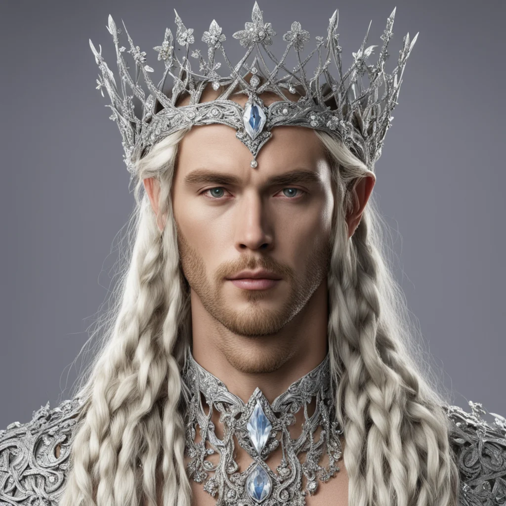 aiking oropher with blond hair and braids wearing silver vines encrusted with diamonds with silver flowers encrusted with diamonds forming a silver elvish circlet with large center diamond