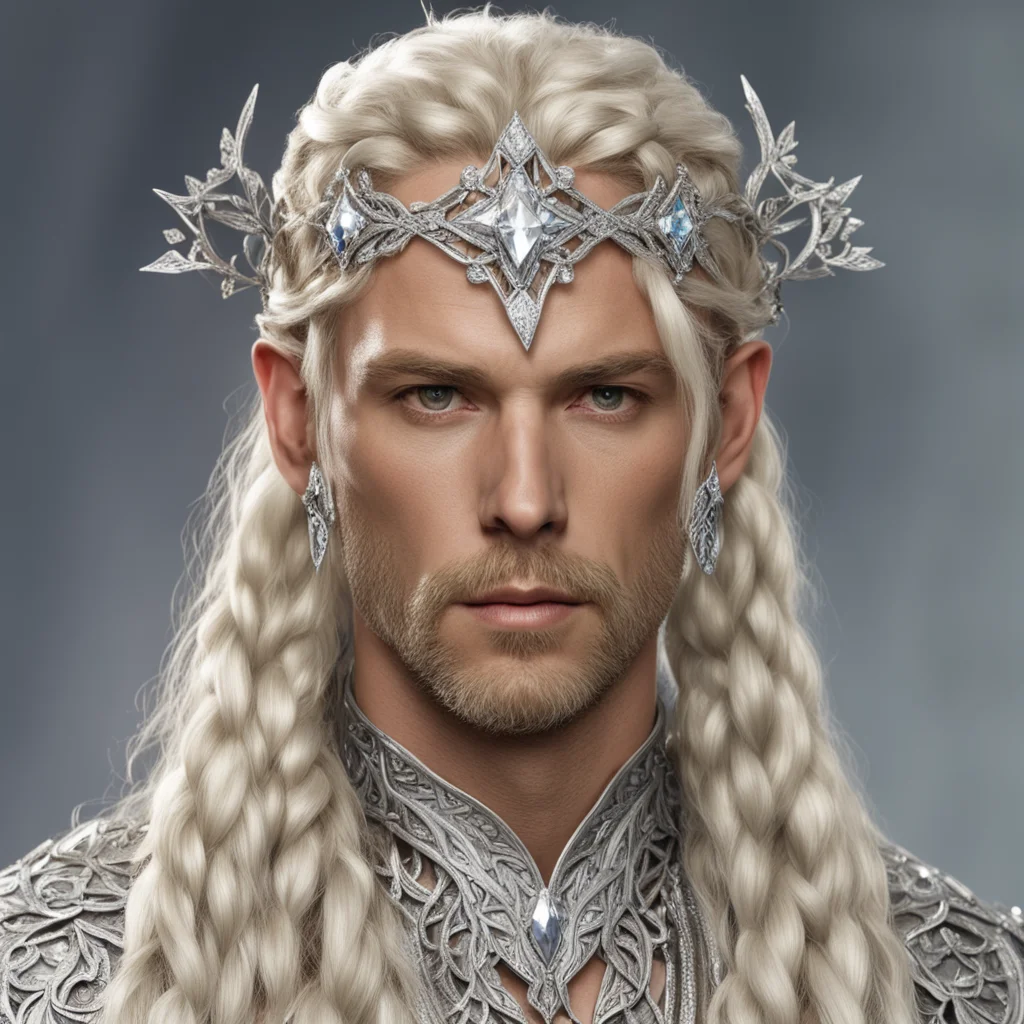 aiking oropher with blonde hair and braids wearing silver laurel leaf elvish circlet encrusted with diamonds with large center diamond  confident engaging wow artstation art 3