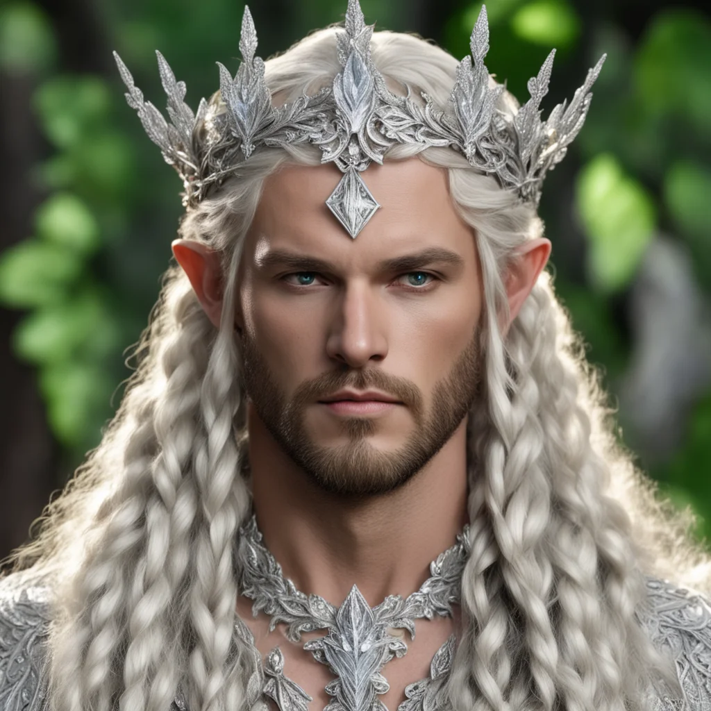 aiking oropher with blonde hair and braids wearing silver laurel leaf elvish circlet encrusted with diamonds with large center diamond  good looking trending fantastic 1