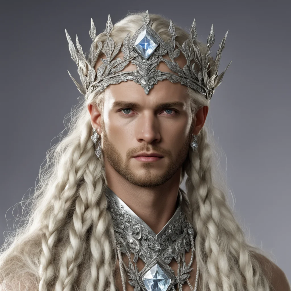 aiking oropher with blonde hair and braids wearing silver laurel leaf elvish circlet encrusted with diamonds with large center diamond 