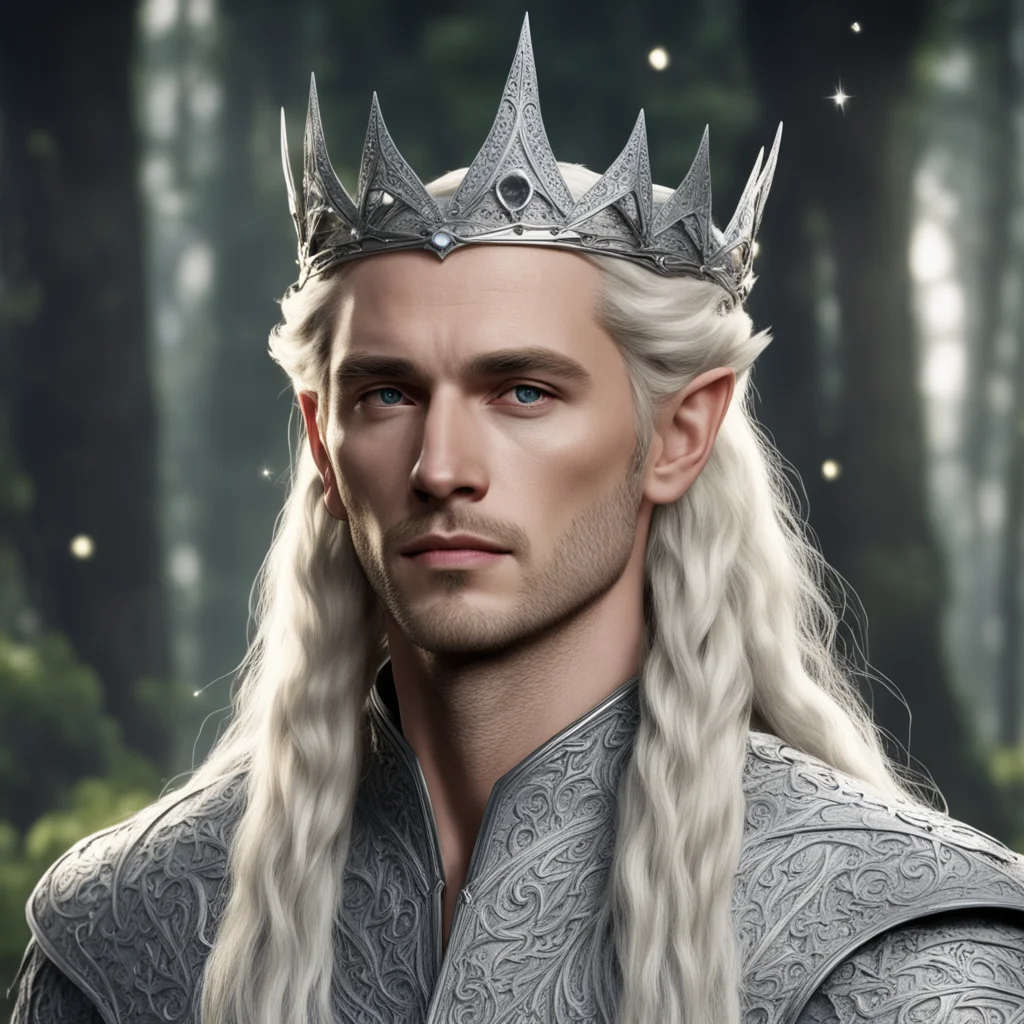 king theanduil with blond hair and braided wearing silver elvish circlet with star shaped diamonds confident engaging wow artstation art 3