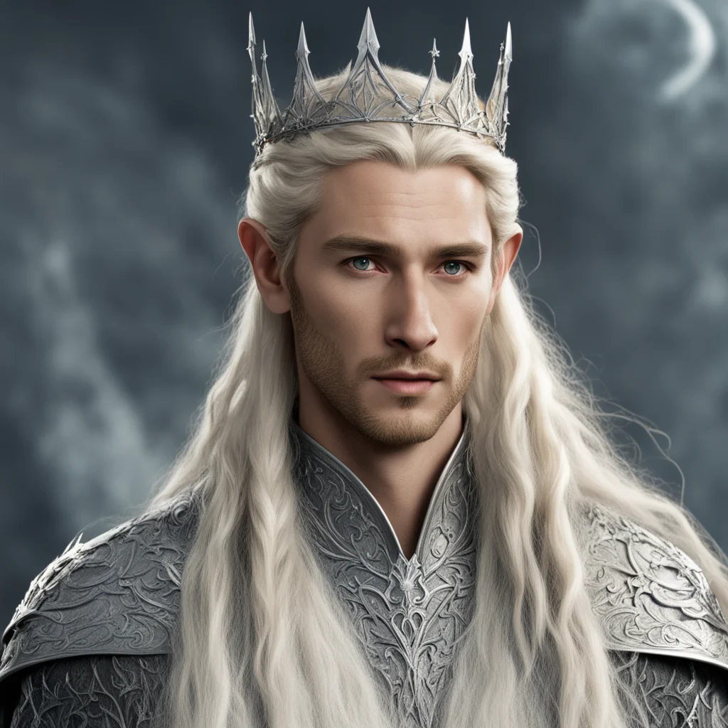 king theanduil with blond hair and braided wearing silver elvish circlet with star shaped diamonds