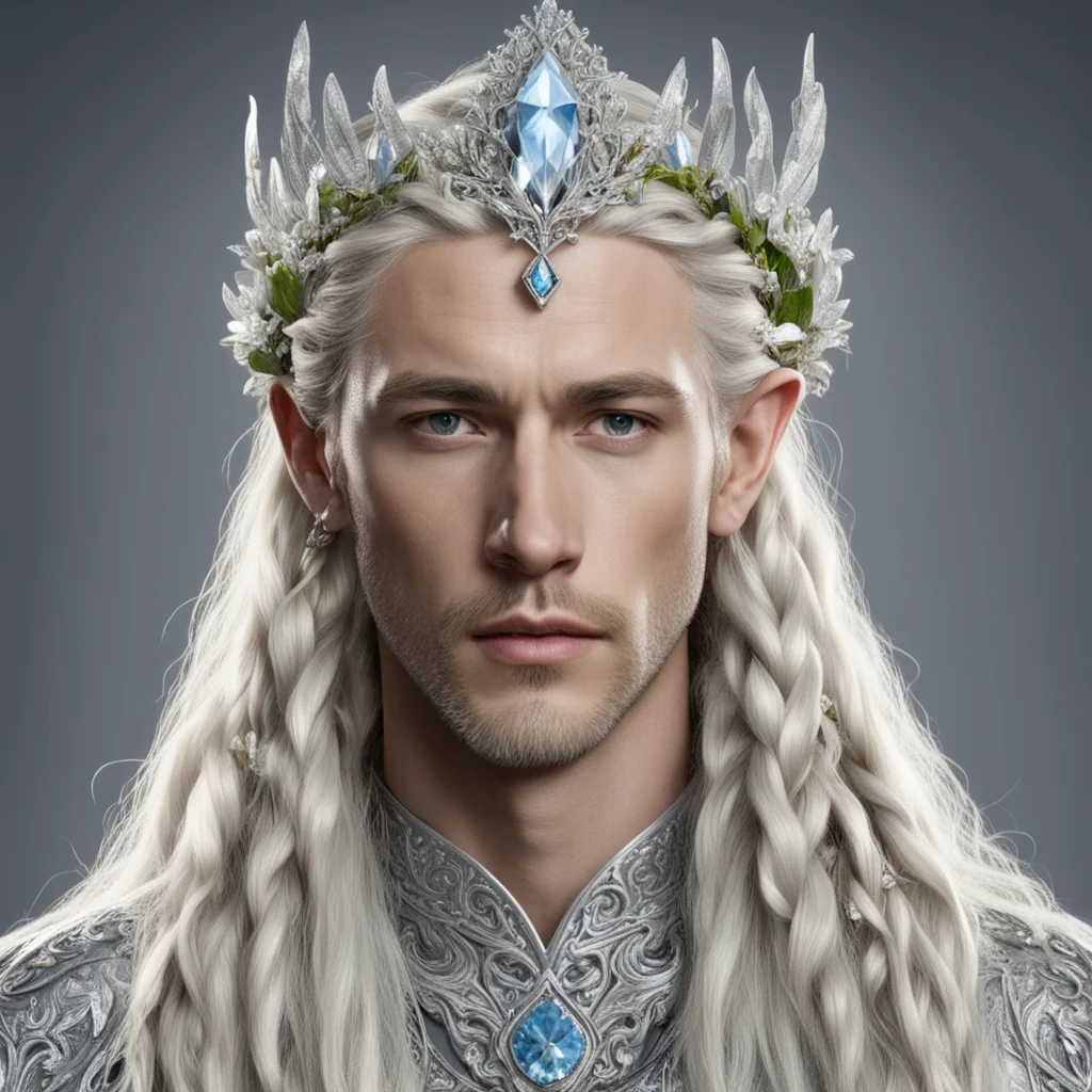 king theanduil with blond hair and braids wearing flowers of silver encrusted with many diamonds connecting to form a silver elvish circlet with large center diamond amazing awesome portrait 2