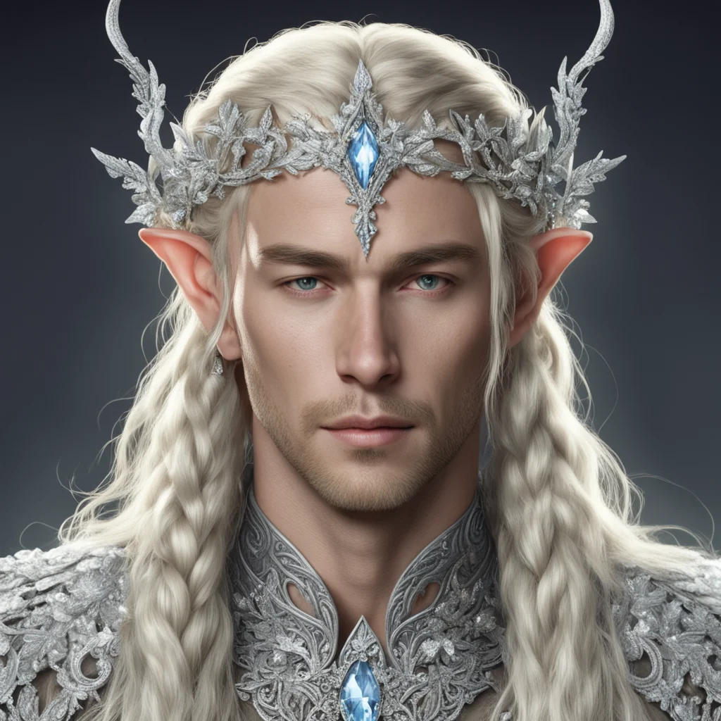 king theanduil with blond hair and braids wearing flowers of silver encrusted with many diamonds connecting to form a silver elvish circlet with large center diamond good looking trending fantastic 