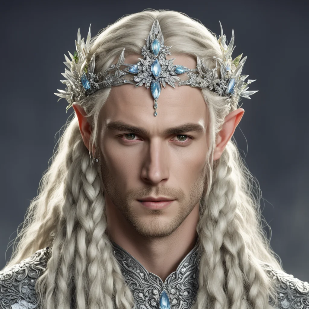 aiking theanduil with blond hair and braids wearing flowers of silver encrusted with many diamonds connecting to form a silver elvish circlet with large center diamond