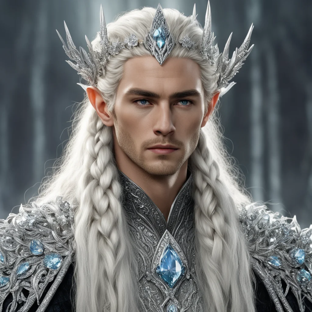 king theanduil with blond hair and braids wearing silver elvish hair forks heavily encrusted with diamonds and large diamond clusters connect at the center with large diamond amazing awesome portrai