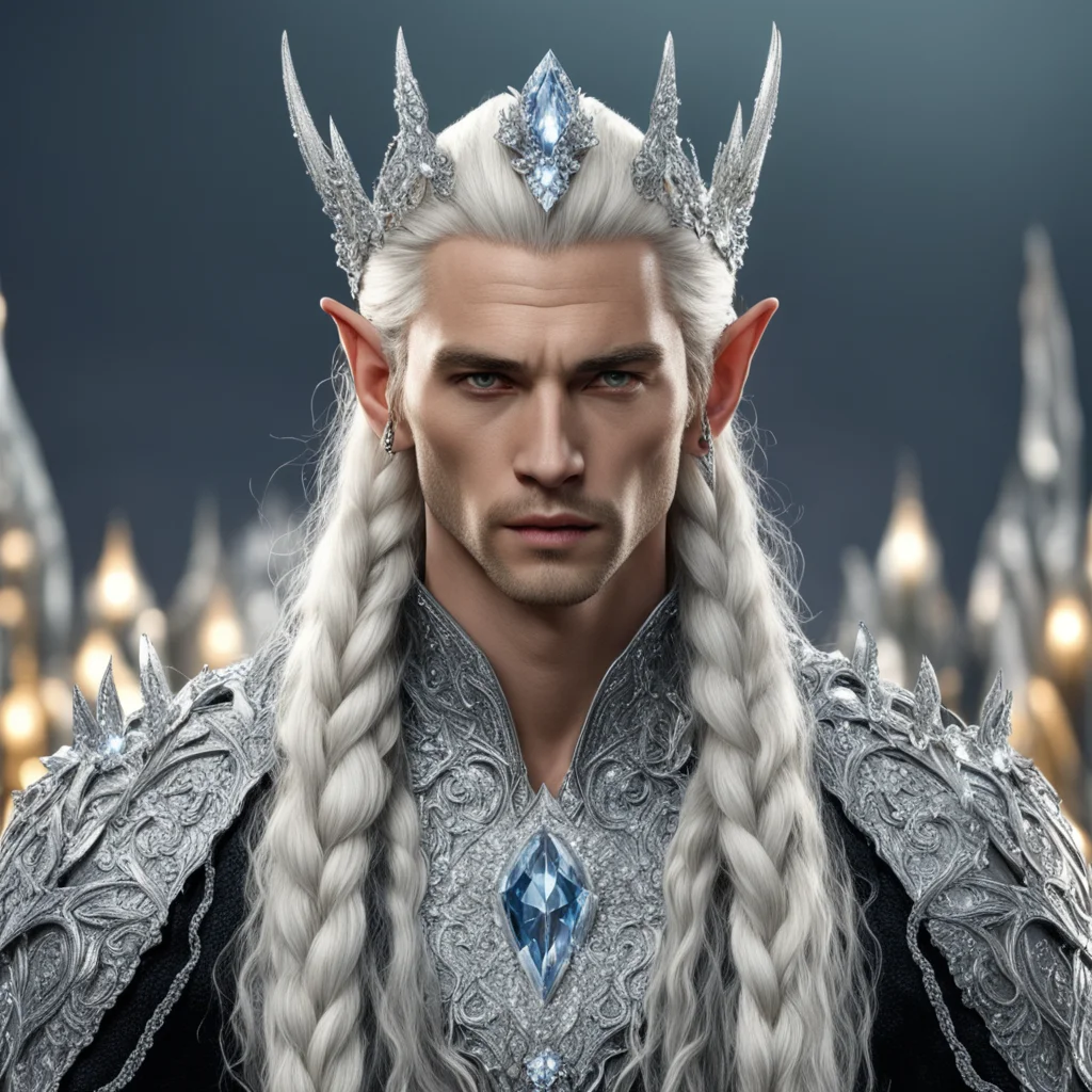 king theanduil with blond hair and braids wearing silver elvish hair forks heavily encrusted with diamonds and large diamond clusters connect at the center with large diamond confident engaging wow 