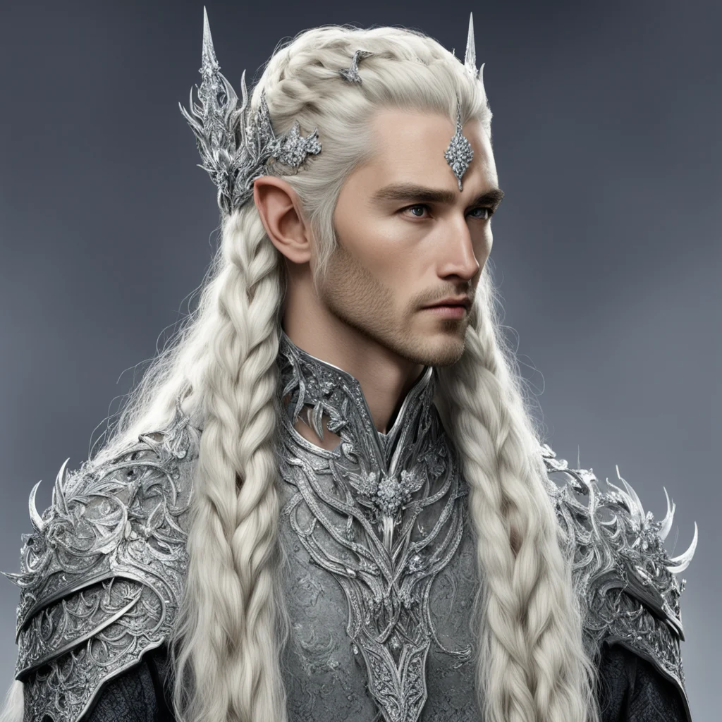 king theanduil with blond hair and braids wearing silver elvish hair forks heavily encrusted with diamonds and large diamond clusters connect at the center with large diamond good looking trending f