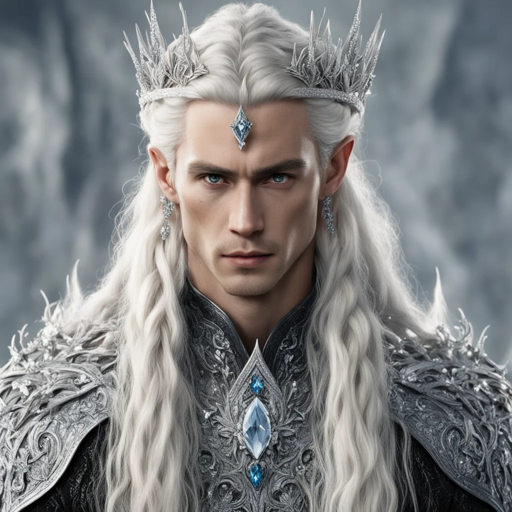 aiking theanduil with blond hair and braids wearing silver elvish hair forks heavily encrusted with diamonds and large diamond clusters connect at the center with large diamond