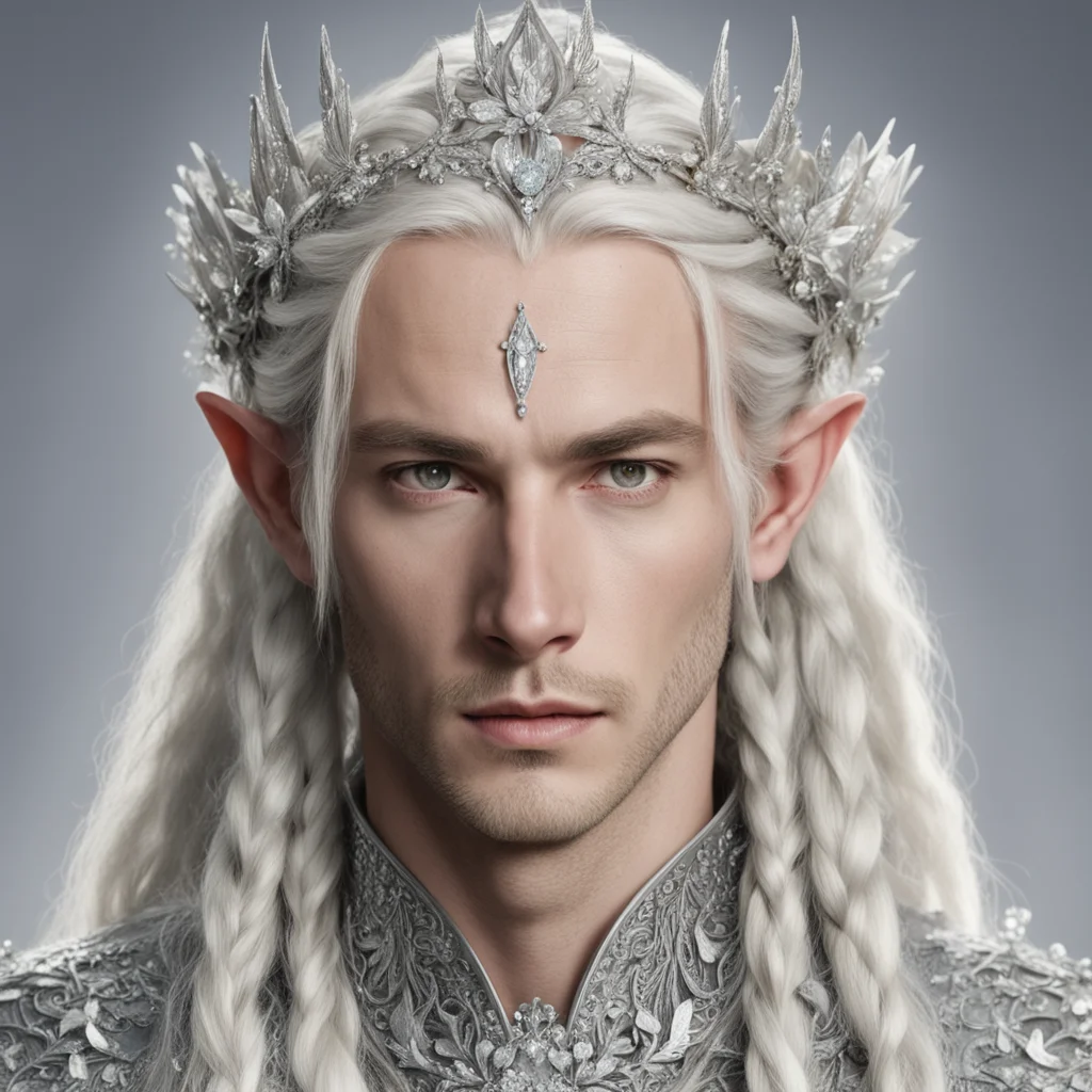king theanduil with blond hair and braids wearing silver flower clusters encrusted with diamonds to form a silver elvish circlet with large central flower diamond amazing awesome portrait 2