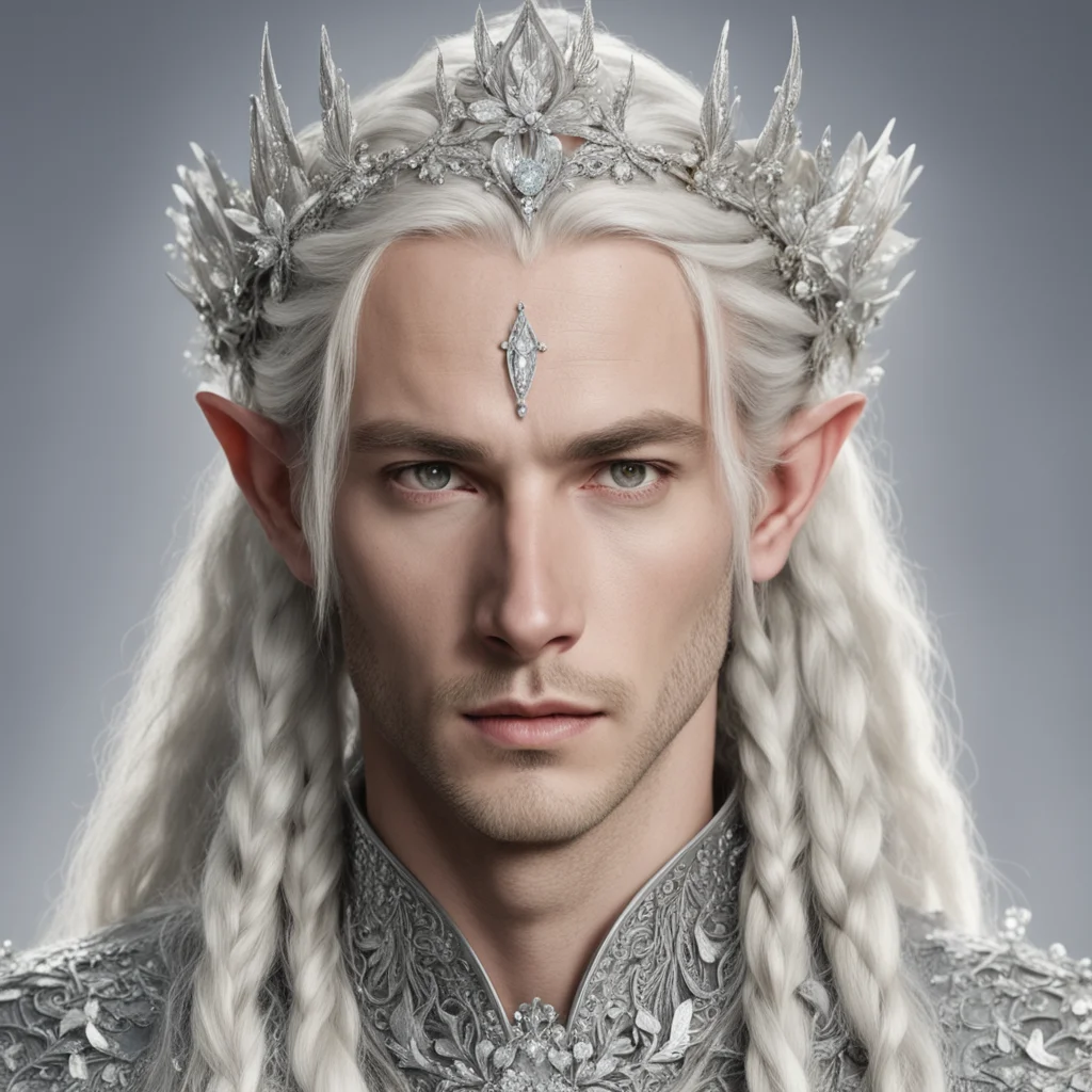 aiking theanduil with blond hair and braids wearing silver flower clusters encrusted with diamonds to form a silver elvish circlet with large central flower diamond amazing awesome portrait 2