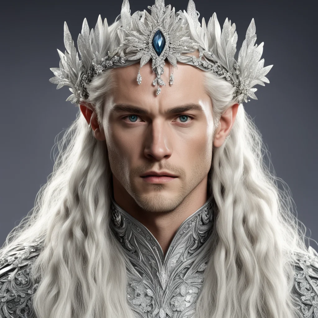 king theanduil with blond hair and braids wearing silver flower clusters encrusted with diamonds to form a silver elvish circlet with large central flower diamond confident engaging wow artstation a