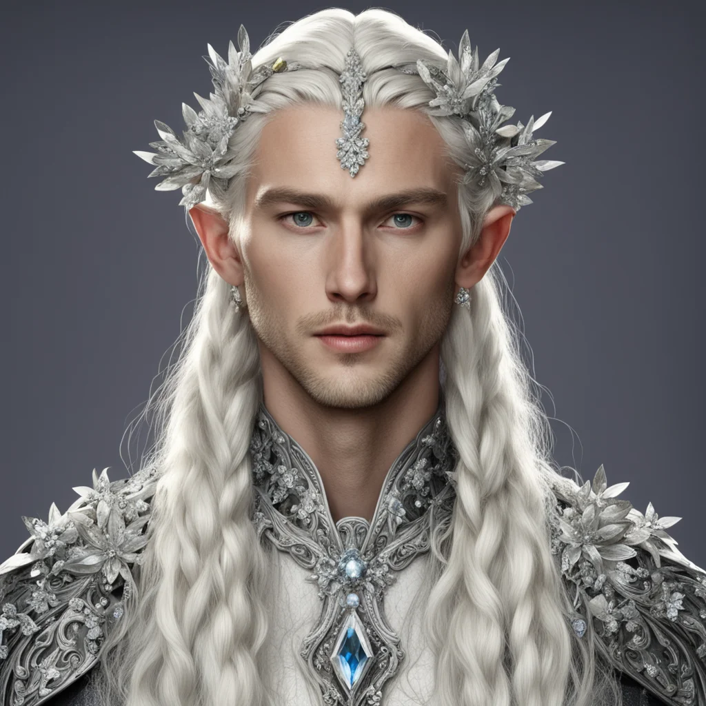 king theanduil with blond hair and braids wearing silver flower clusters encrusted with diamonds to form a silver elvish circlet with large central flower diamond good looking trending fantastic 1.w