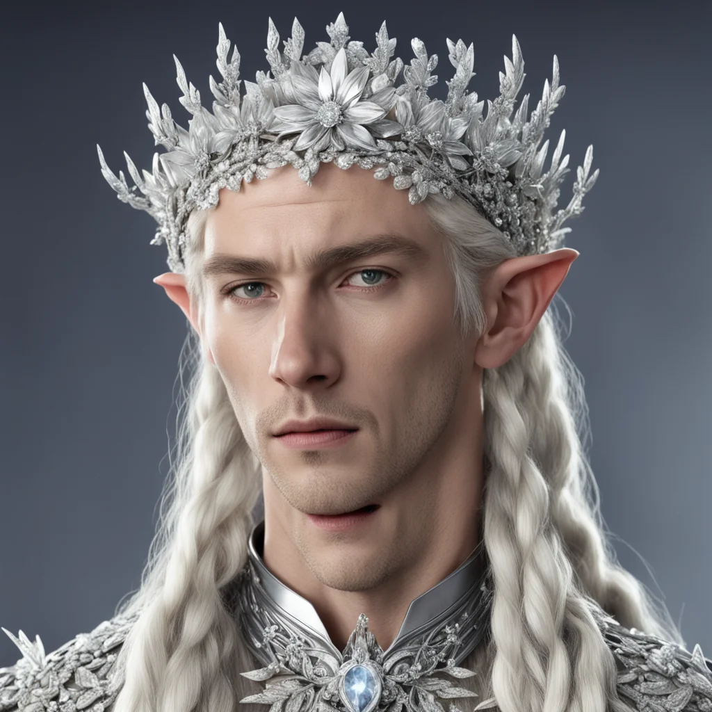 king theanduil with blond hair and braids wearing silver flower clusters encrusted with diamonds to form a silver elvish circlet with large central flower diamond