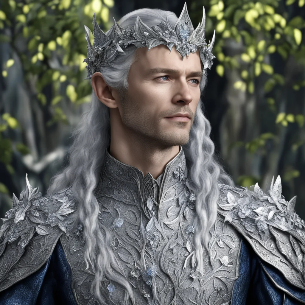 king thingol wearing silver with silver leaves and berries with diamonds good looking trending fantastic 1