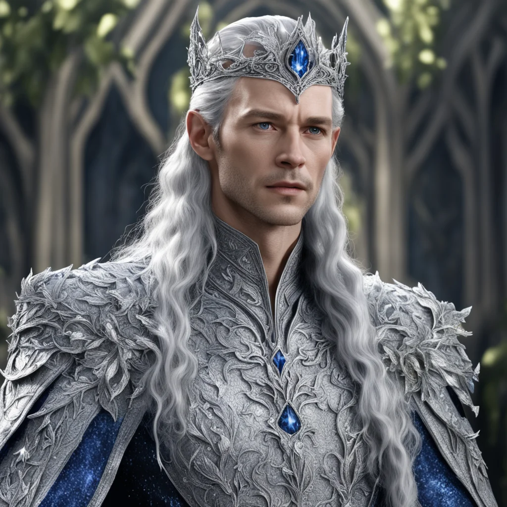 king thingol wearing silver with silver leaves and berries with diamonds