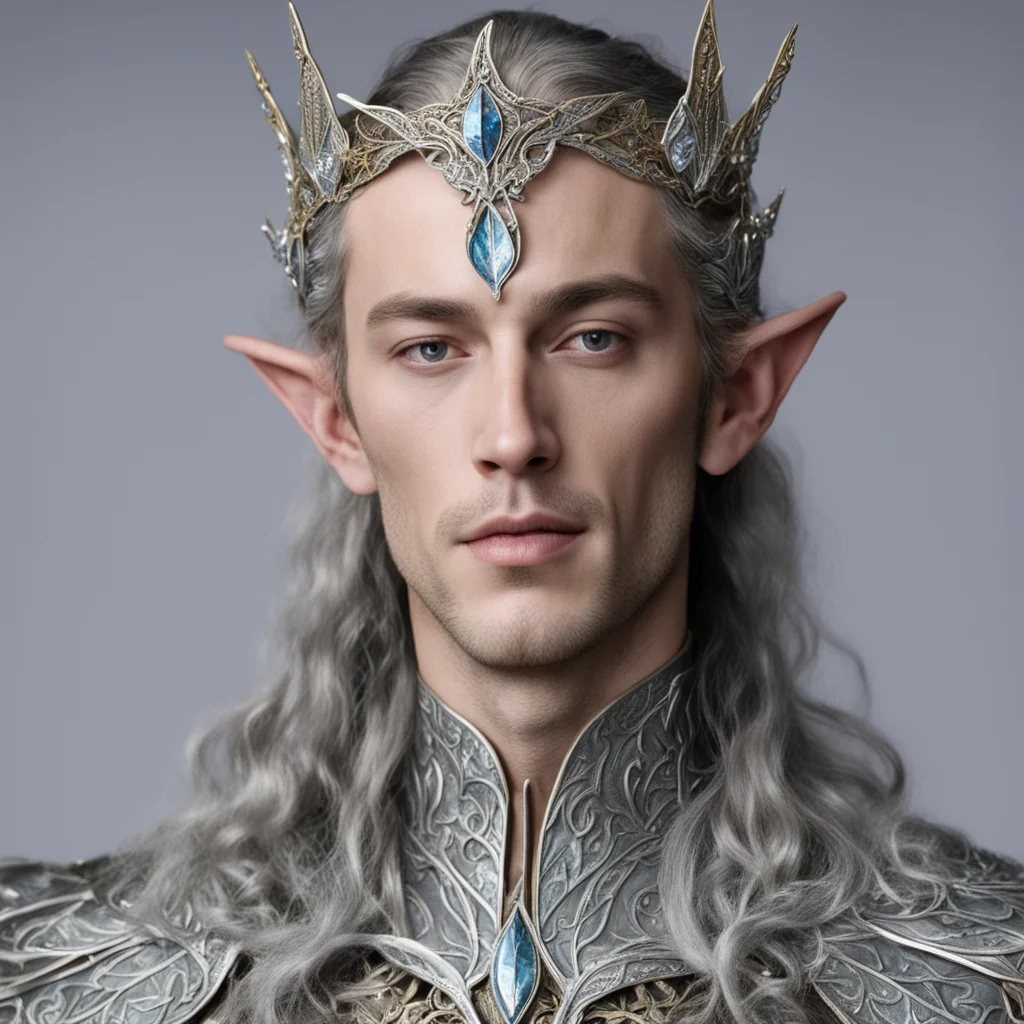 aiking thingol wearing small silver bay leaf elven circlet with diamonds 