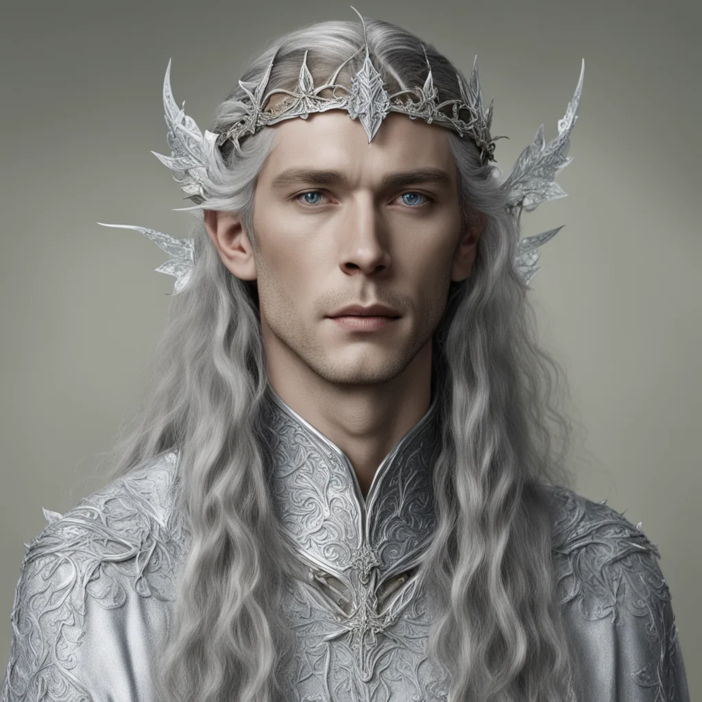 king thingol wearing small silver ivy leaf elven circlet with diamonds confident engaging wow artstation art 3