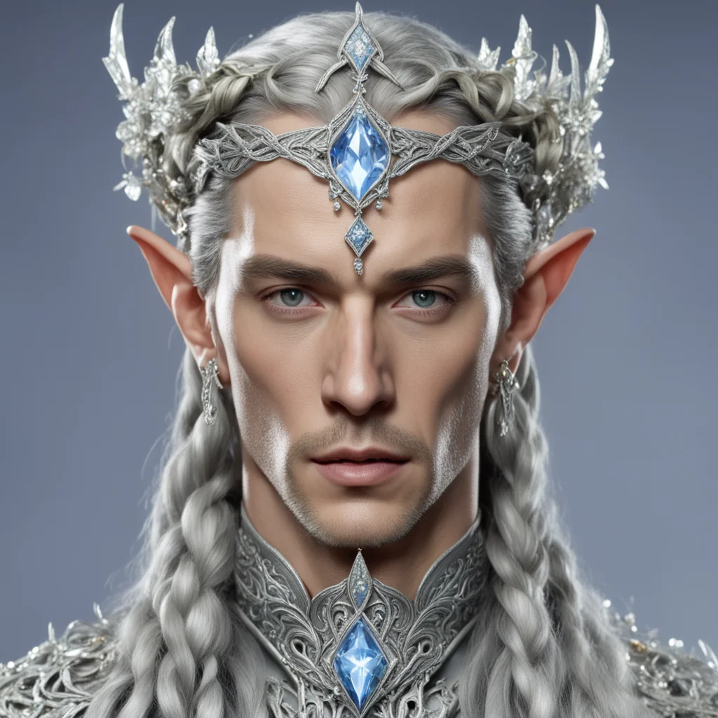 king thingol with braids wearing flowers of silver encrusted with diamonds linked together to form a small elvish circlet with large center diamond amazing awesome portrait 2