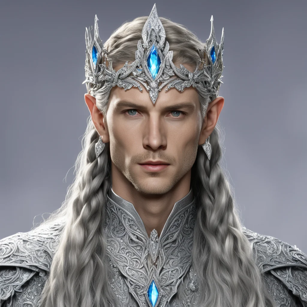 aiking thingol with braids wearing flowers of silver encrusted with diamonds linked together to form a small elvish circlet with large center diamond good looking trending fantastic 1