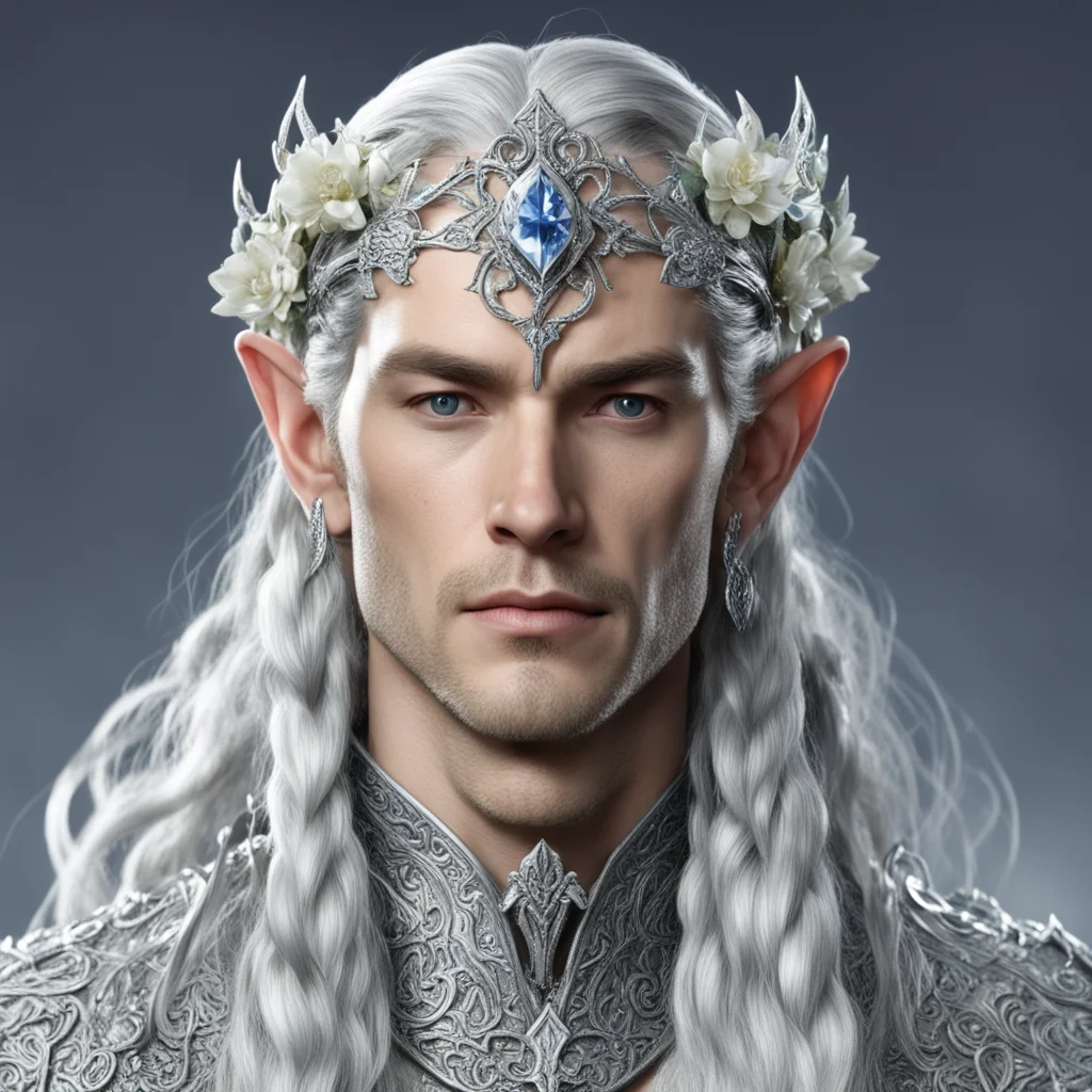 aiking thingol with braids wearing flowers of silver encrusted with diamonds linked together to form a small elvish circlet with large center diamond