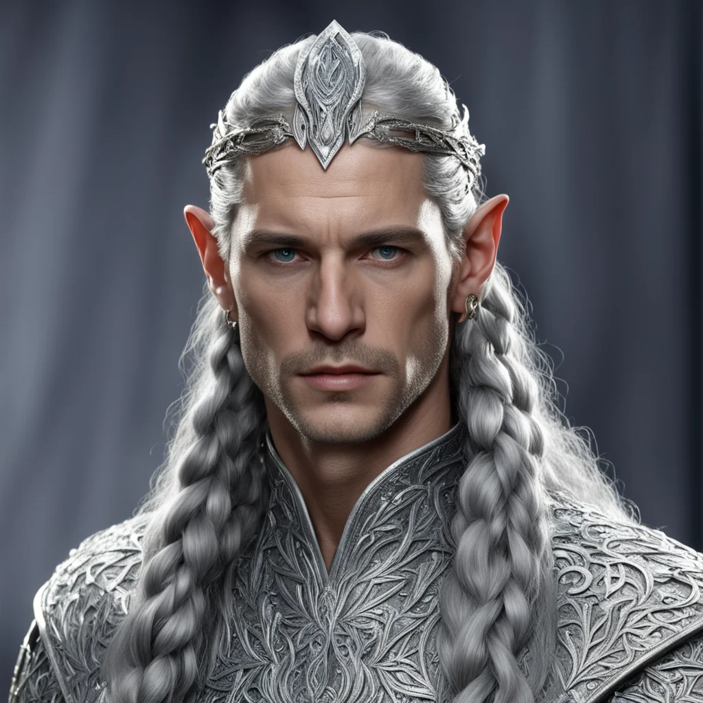 aiking thingol with braids wearing roman style silver leaf circlet studded with diamond with diamond connected at forhead amazing awesome portrait 2