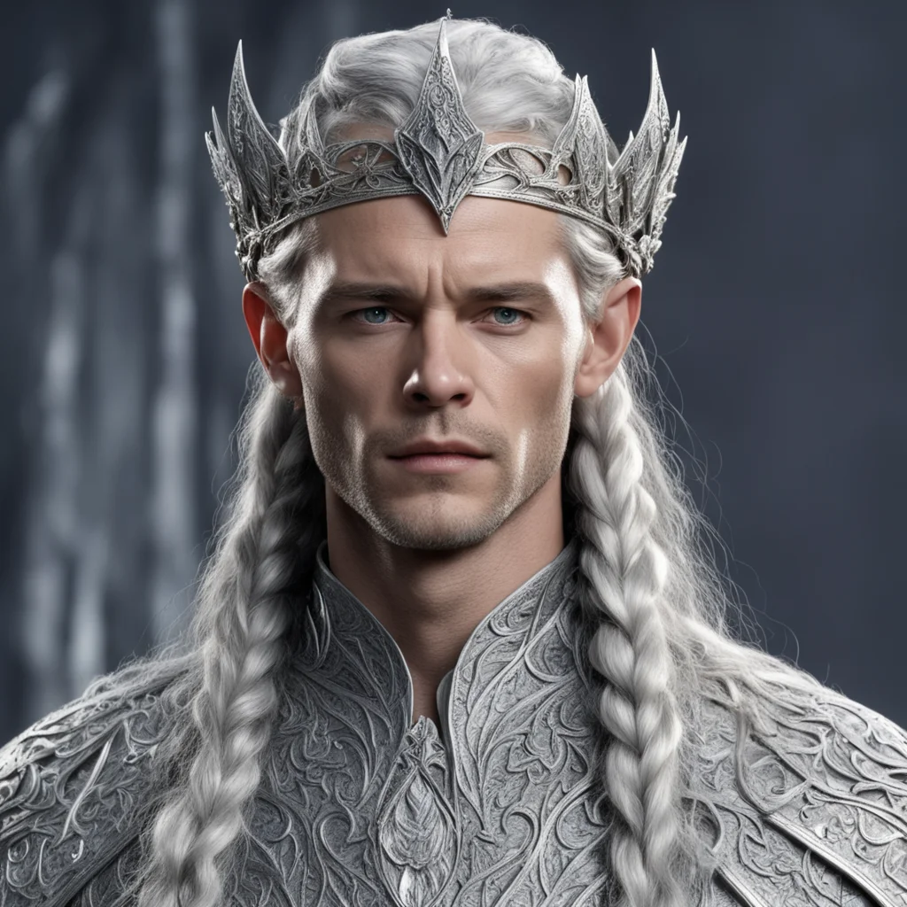 aiking thingol with braids wearing roman style silver leaf circlet studded with diamond with diamond connected at forhead good looking trending fantastic 1