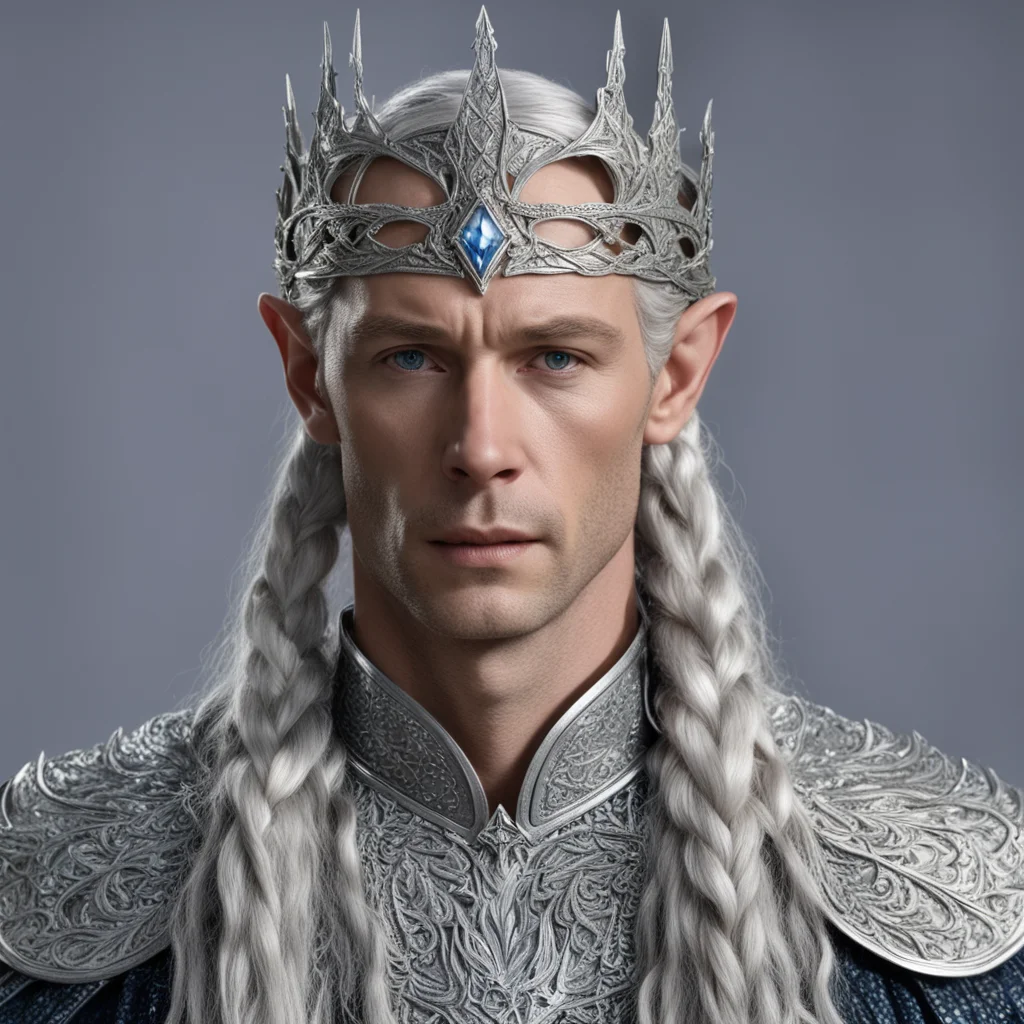 aiking thingol with braids wearing roman style silver leaf circlet studded with diamond with diamond connected at forhead