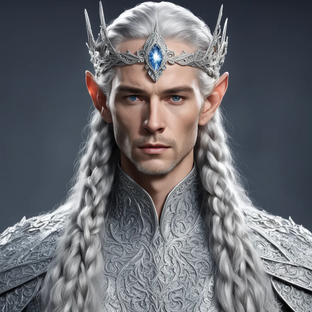 king thingol with braids wearing silver elvish circlet encrusted with large diamonds with large center diamond confident engaging wow artstation art 3