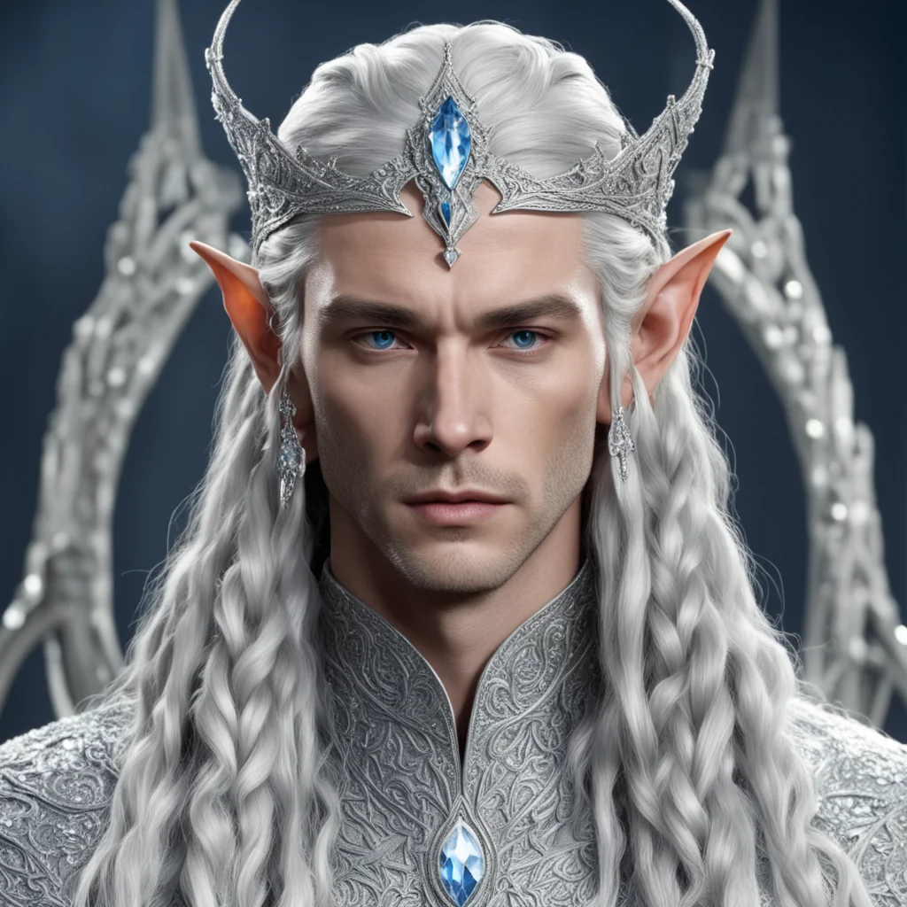 aiking thingol with braids wearing silver elvish circlet encrusted with large diamonds with large center diamond good looking trending fantastic 1