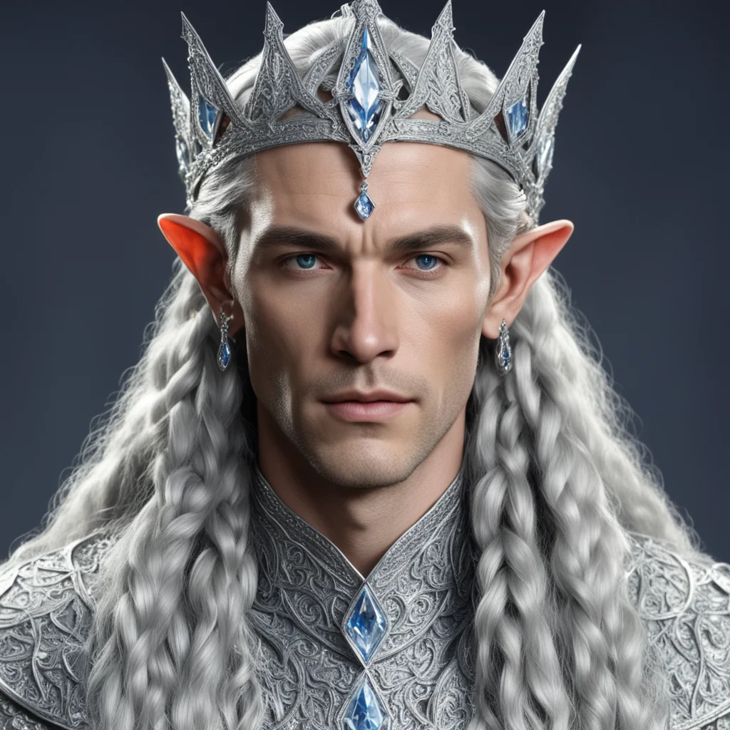 aiking thingol with braids wearing silver elvish circlet encrusted with large diamonds with large center diamond