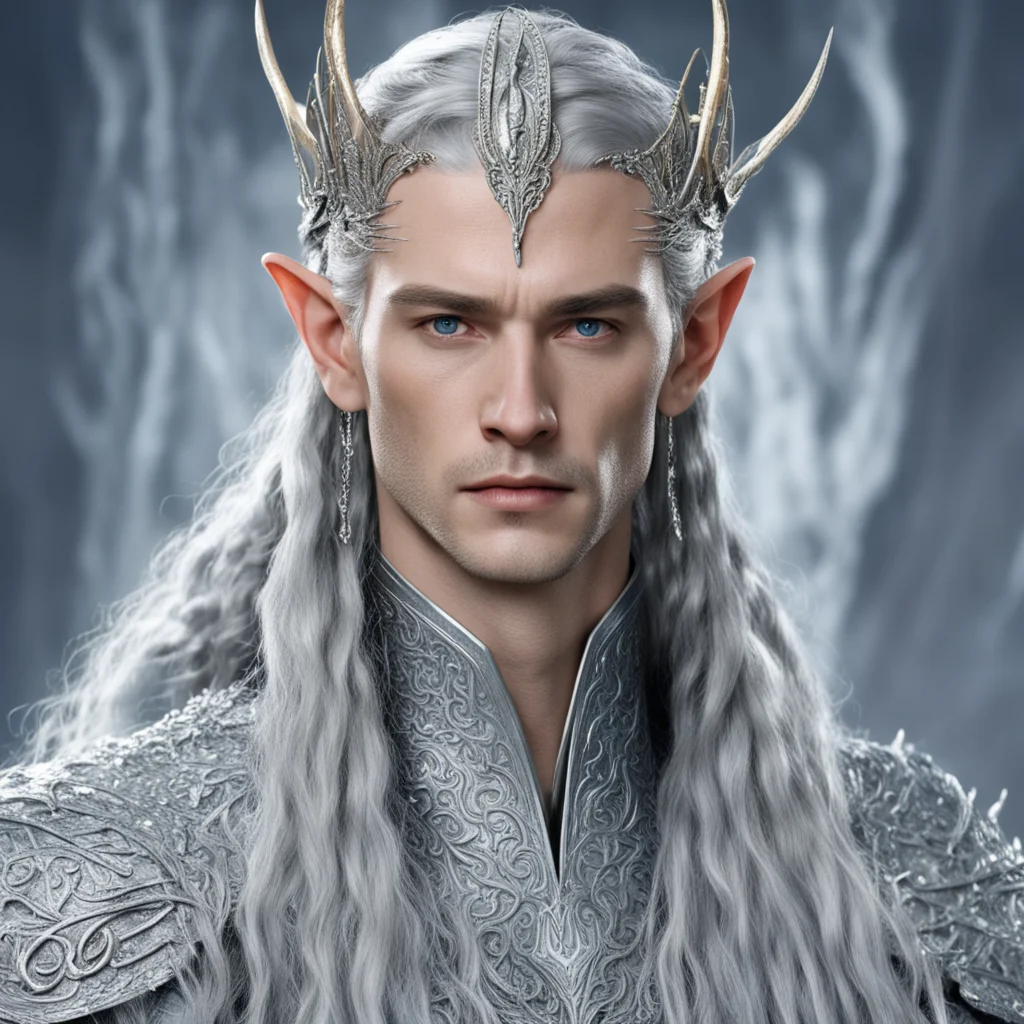 king thingol with braids wearing silver elvish hair pins and silver elvish circlet encrusted with diamonds