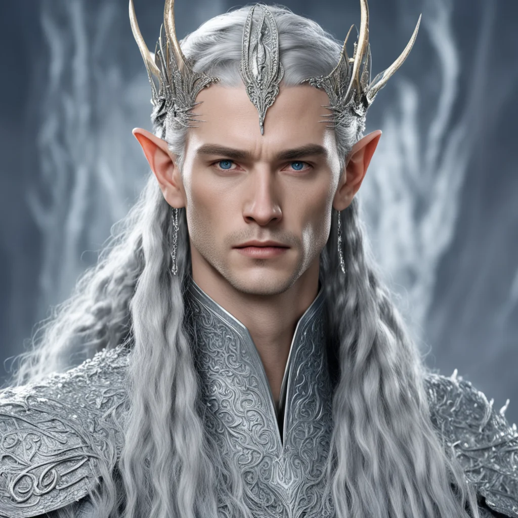 aiking thingol with braids wearing silver elvish hair pins and silver elvish circlet encrusted with diamonds