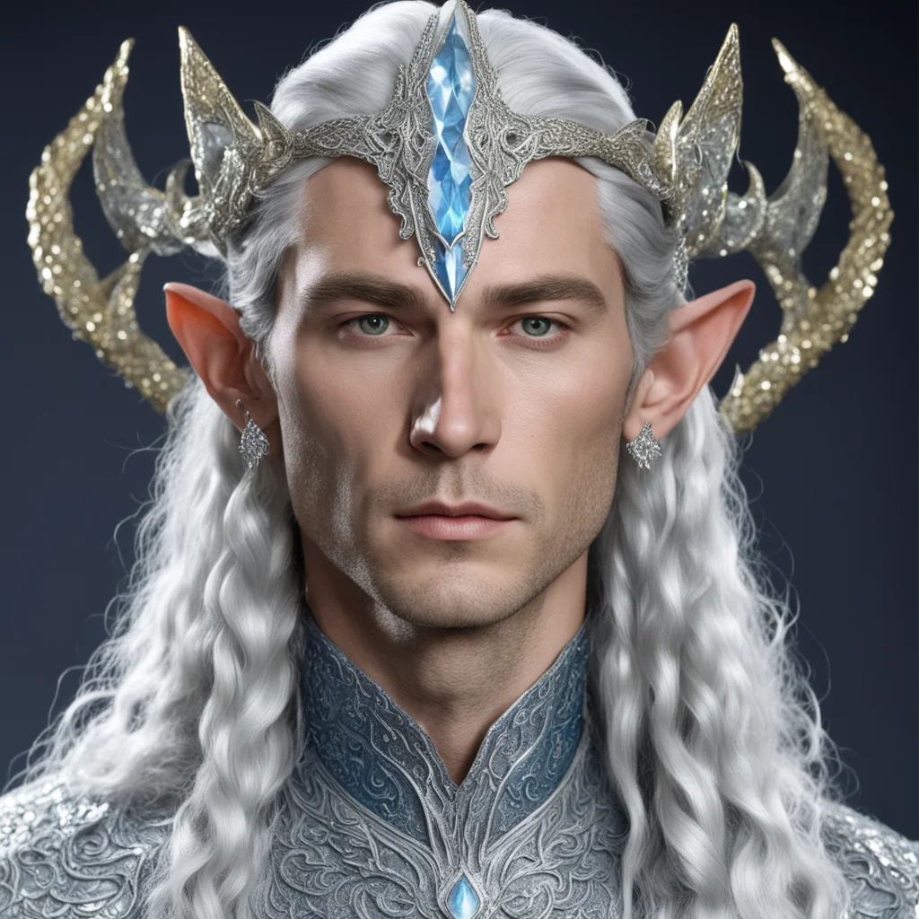 aiking thingol with braids wearing silver fiery serpent silver elvish circlet encrusted with diamonds with large center diamond  good looking trending fantastic 1