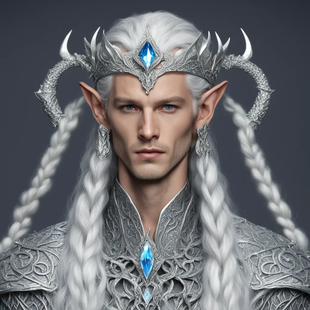 aiking thingol with braids wearing silver fiery serpent silver elvish circlet encrusted with diamonds with large center diamond 