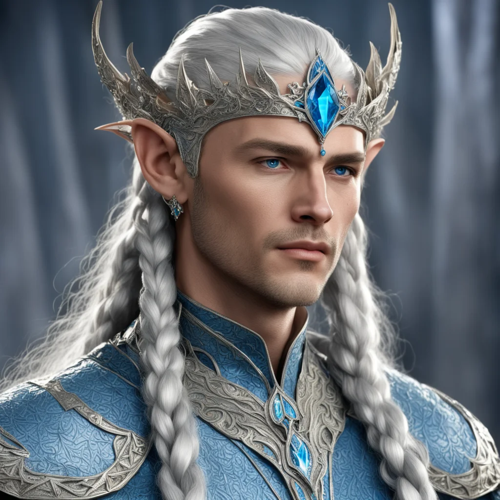 aiking thingol with braids wearing silver flat laurel leaf elven circlet studded with diamonds with blue diamond at forehead amazing awesome portrait 2