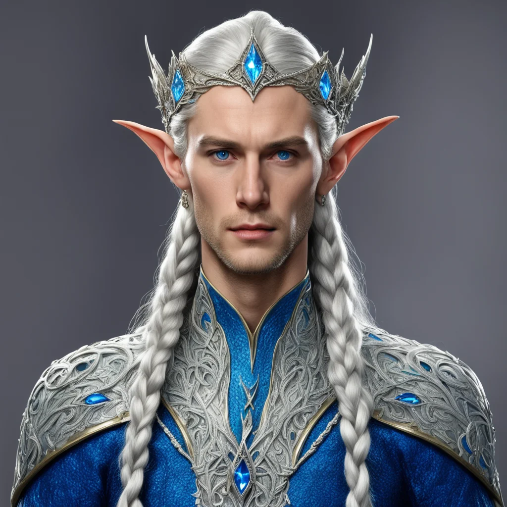 aiking thingol with braids wearing silver flat laurel leaf elven circlet studded with diamonds with blue diamond at forehead confident engaging wow artstation art 3