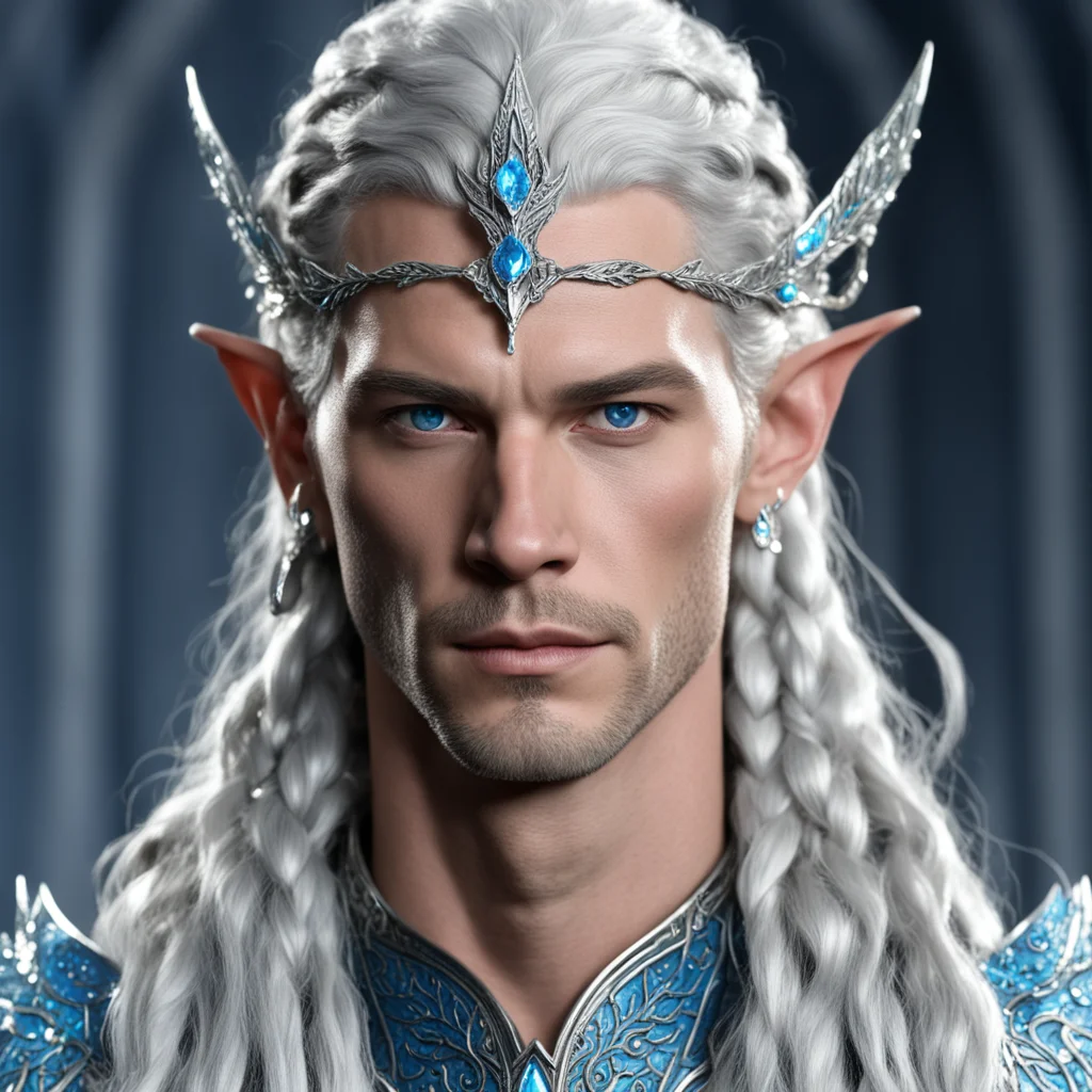 aiking thingol with braids wearing silver flat laurel leaf elven circlet studded with diamonds with blue diamond at forehead good looking trending fantastic 1